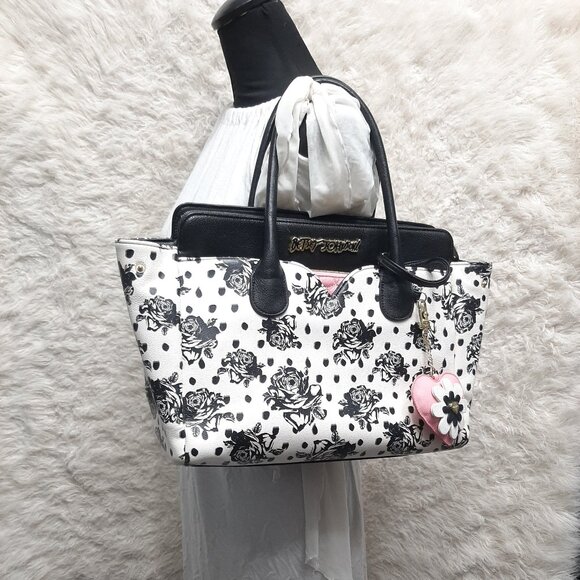 Betsy Johnson Black And White Floral Print Bag w/ Pouch and Charm - Picture 1 of 14